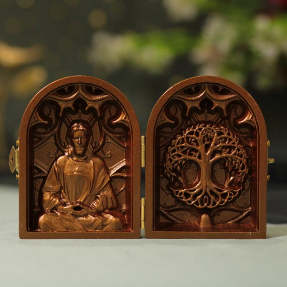 Jesus Contemplating Tree of Life Wooden Catholic Diptych | Antique Style Christian Home Decor Gift | Religious Home Decor | Baptism Gift