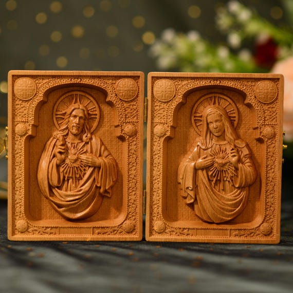 Sacred Heart of Jesus and Immaculate Heart of Mary Diptych Catholic Wood Art Religious Gift Christian Decor Prayer Altar Holy Image Set