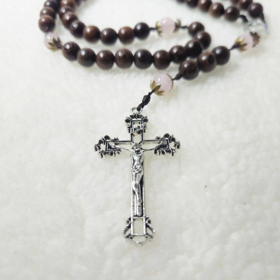 Catholic Rosary featuring black wooden beads and pink gemstone accents, Wood Bead rosary, Pardon Crucifix Rosary, Cord Rosary,Rosary for Her