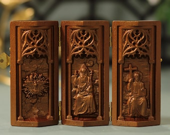 Holy Trinity Catholic Triptych Antique Style Catholic Art Father Son Holy Spirit Christian Decor Religious Gift Wooden Christian Art