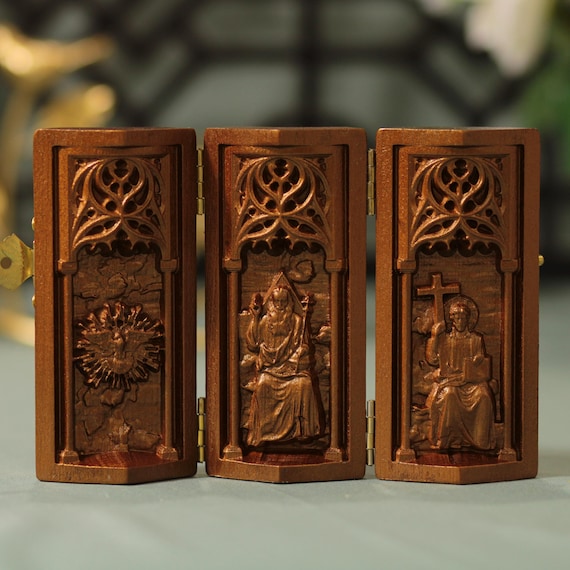 Holy Trinity Catholic Triptych Antique Style Catholic Art Father Son Holy Spirit Christian Decor Religious Gift Wooden Christian Art