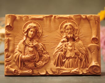Sagrado Corazón de Jesús e Inmaculado Corazón de María - Adorno de escritorio de madera / Regalo católico / Decoración de altar para el hogar / Icono cristiano para la mesa