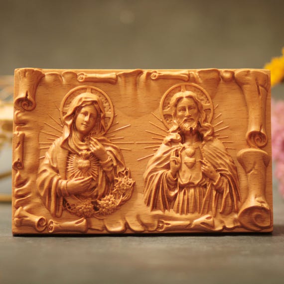 Sacred Heart of Jesus & Immaculate Heart of Mary Wooden Desk Art | Catholic Gift | Home Altar Decor | Christian Table Icon