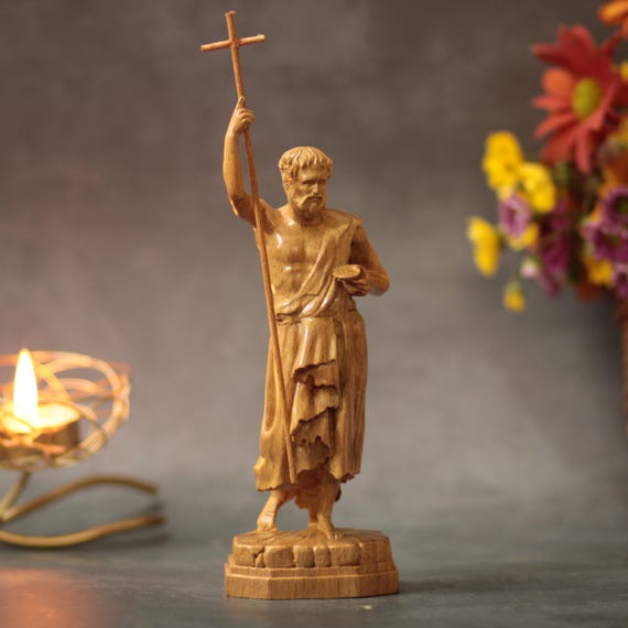 St John the Baptist Wooden Statue Catholic Carved Saint Sculpture Christian Home Decor Religious Gift Handcrafted Wood Figurine Faith Art