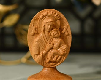 Mother Mary of Perpetual Help Two-Sided Desktop Figurine Wooden Catholic Reliefs Wooden Religious Gifts Mothers Day Gift Thank You Gift