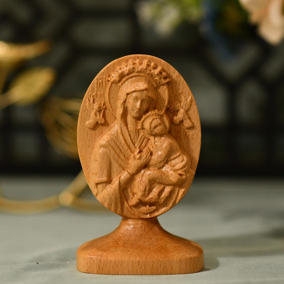 Mother Mary of Perpetual Help Two-Sided Desktop Figurine Wooden Catholic Reliefs Wooden Religious Gifts Mothers Day Gift Thank You Gift