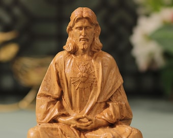 Estatua del Sagrado Corazón de Jesús tallada a mano en madera de haya: Arte católico cristiano