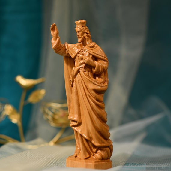 Hand Carved Jesus Christ Blessing Statue Wood Catholic Decor Sacred Heart Sculpture Religious Gift Christian Home Altar Faith Figurine