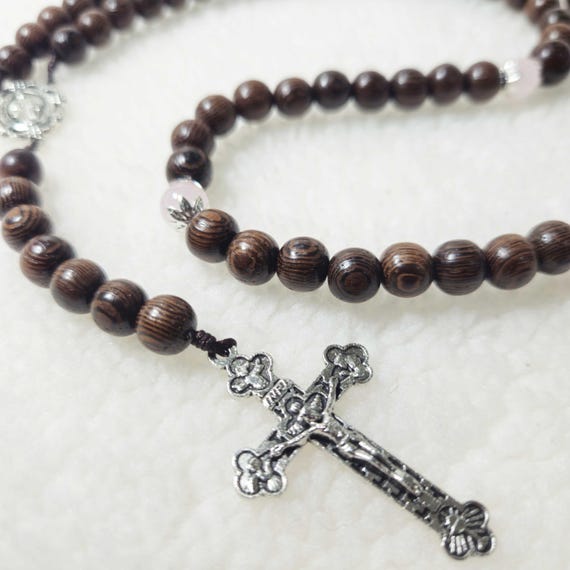 77-Hail Mary Rosary with Black Cypress Wood & Pink Stone Beads, 1.8" Crucifix, Miraculous Medal, Catholic Prayer Gift