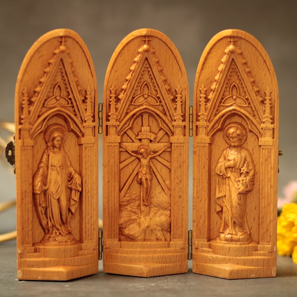 Portable Holy Family Religious Icon Prayer Altar Catholic Virgin Jesus Joseph Catholic Statue Wooden Religious Gifts Prayer Supplies