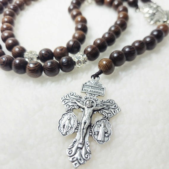 77-Hail Mary Rosary with Black Cypress & Sparkling Stone Beads, 2.2" Crucifix Madonna Medal, Catholic Prayer Gift