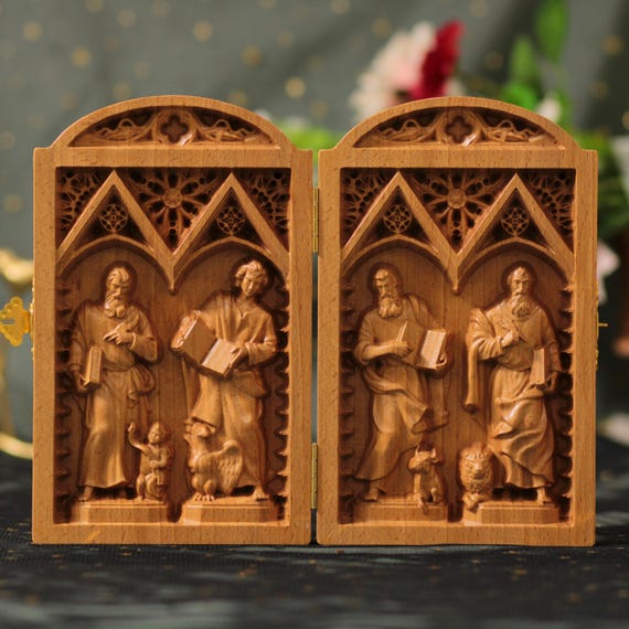 Four Evangelists Catholic Diptych Wooden Art St Matthew Mark Luke John Gospel Writers Christian Gift Home Altar Travel Gifts Catholic Gifts