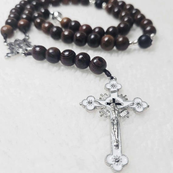Black Stone Catholic Rosary with 2.2” Crucifix, Our Lady of Grace Medal, and 10mm Black Wood Beads | Handmade Prayer Rosary | Catholic Gift