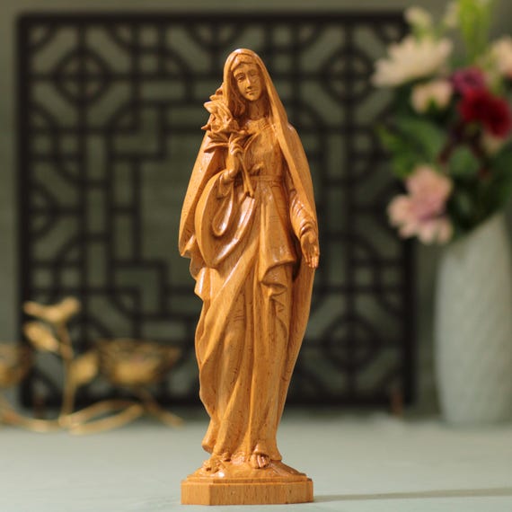 Virgin Mary with Lily Wooden Statue | Madonna With Lilies Catholic Gift | Mother Mary Wedding Gifts Christian Home Altar Art Christian Gift