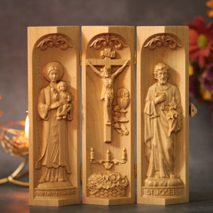 Altar portátil hecho a mano Jesucristo/San José/Nuestra Señora de La Vang Decoración del hogar Mini Altar Católico Tríptico Suministros de oración