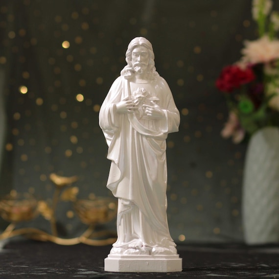 Sacred Heart of Jesus Statue – Pearl White Style | Catholic Wooden Decor | Christian Gift | Handmade Religious Art
