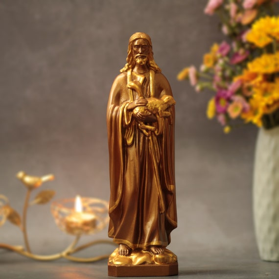 Jesus Christ with Lamb Wooden Statue Vintage Style Catholic Home Decor Holiday Ornament Wood Statue Religious Artwork Christian Statue