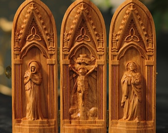Catholic Wooden Triptych Jesus Crucifixion Virgin Mary St John Wall Art Christian Gift Religious Decor Good Friday Altar Piece Home Faith
