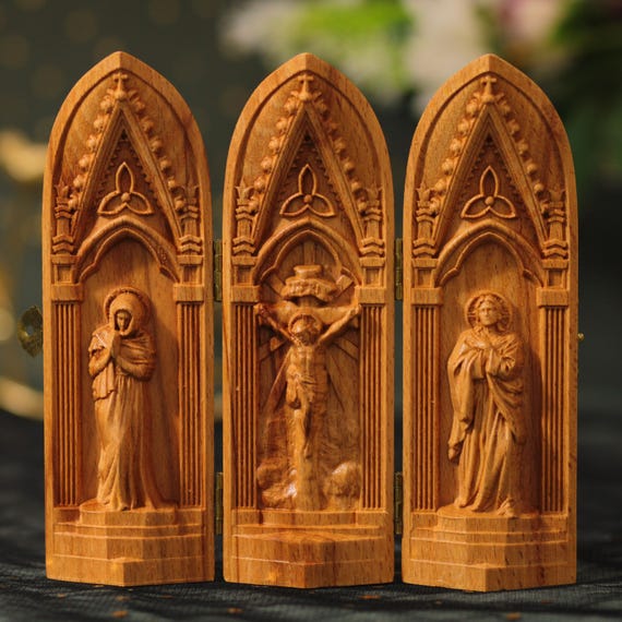 Catholic Wooden Triptych Jesus Crucifixion Virgin Mary St John Wall Art Christian Gift Religious Decor Good Friday Altar Piece Home Faith
