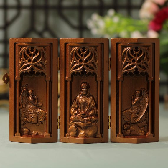 Jesus Christ Statue in contemplation Triptych Antique Style Wooden Catholic Triptych Catholic Art Adoring Angels Christian Home Decor