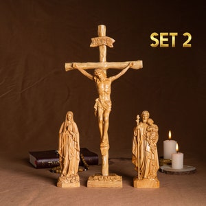 SET 2- Catholic Home Altar for family, Religious Catholic Statue, Wooden Religious Gifts, Jesus Crucifix,Housewarming, Wall Decor
