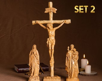 SET 2- Catholic Home Altar for family, Religious Catholic Statue, Wooden Religious Gifts, Jesus Crucifix,Housewarming, Wall Decor