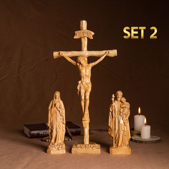 SET 2- Catholic Home Altar for family, Religious Catholic Statue, Wooden Religious Gifts, Jesus Crucifix,Housewarming, Wall Decor