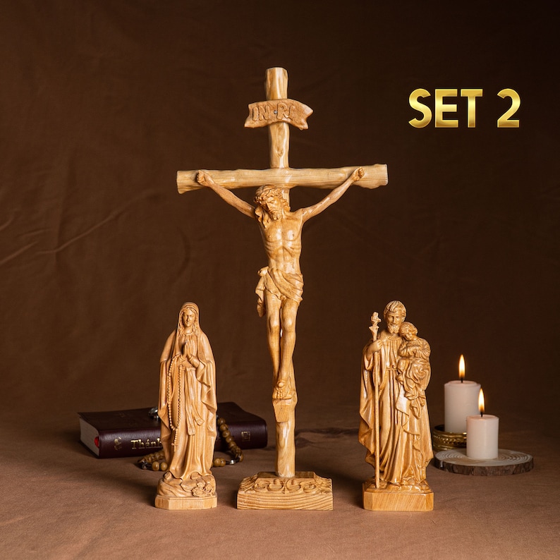 SET 2- Catholic Home Altar for family, Religious Catholic Statue, Wooden Religious Gifts, Jesus Crucifix,Housewarming,Christian Gift