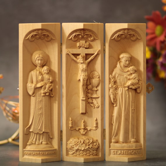 Catholic Triptych Jesus Christ- St. Anthony- Our Lady of La Vang Catholic Home Altar Handmade Home Decor Living Room Decor Housewarming Gift