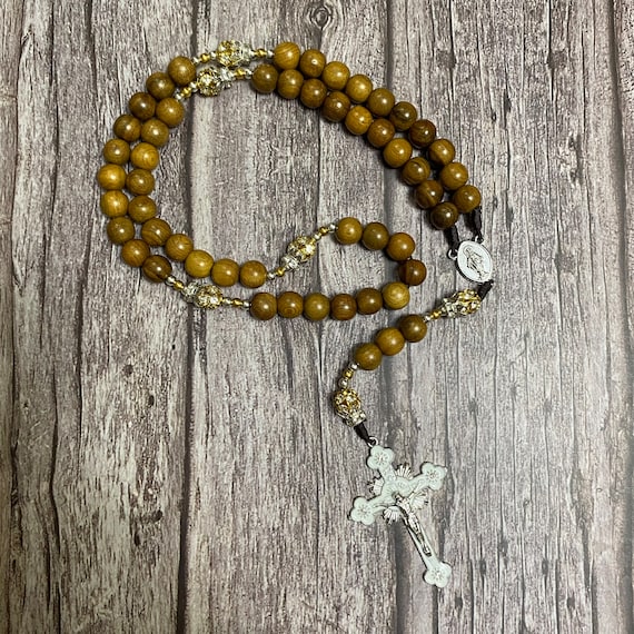 One-of-a-kind Catholic Rosary crafted from wood and gemstone beads, Wood Bead rosary, Catholic Gifts, First Communion Gift, Cord Rosary