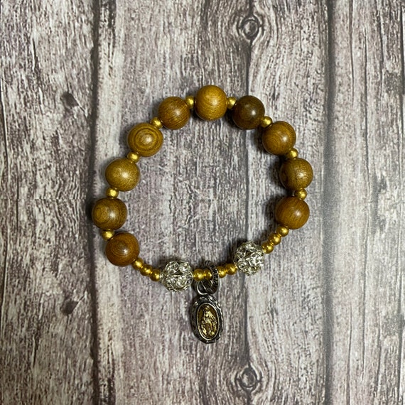 Stunning wooden Catholic Bracelet with attached gemstone beads,Christian Bracelet, Holy Bracelet, Praying Bracelet, Wood Bracelet