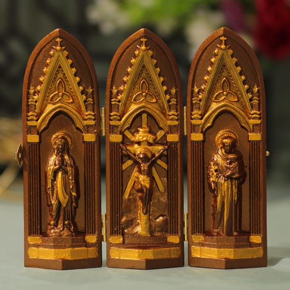 Vintage Style Jesus Christ, Virgin Mary and St. Anthony Handmade Prayer Altar Catholic Triptych Religious Gifts Wooden Catholic Home Altar
