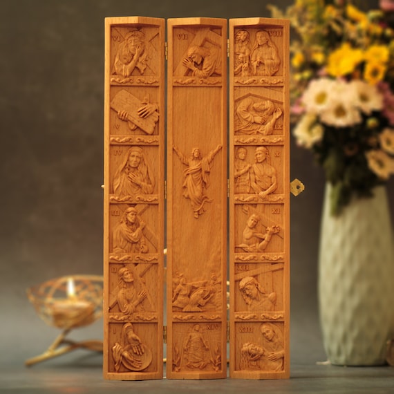 14 Wooden Stations of the Cross Triptych Resurrection of Jesus Christ Home Altar Catholic Catholic Home Decor Religious Gift Christmas Gift