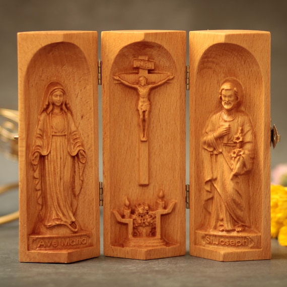 Holy Catholic Triptych – Jesus Passion, St. Joseph & Blessed Mother, Religious Wood Gift for Christmas,  Feast Days