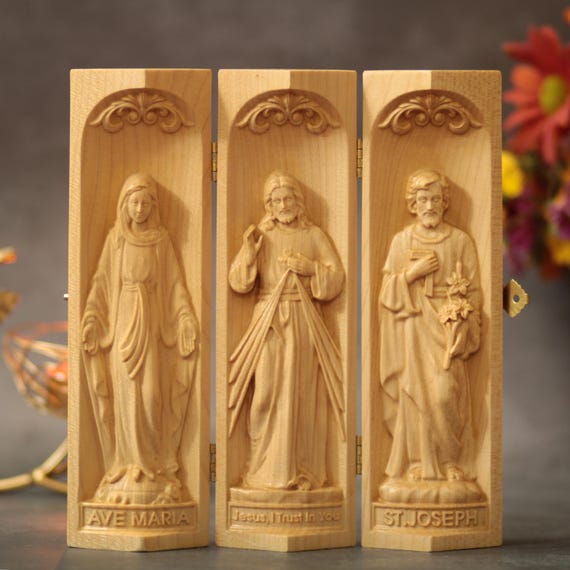 Catholic Triptych of Jesus Christ- St. Joseph- Mother Mary Religious Gifts Wooden Catholic Home Altar Jesus Christ Home Decor Religious Gift