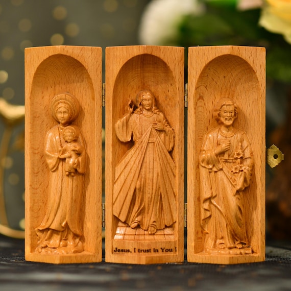 Triptych of Our Lady of La Vang- Jesus Christ- Saint Joseph ,Wood Carving Catholic Icons,Wooden Religious Gifts,Thank You Gift Ideas