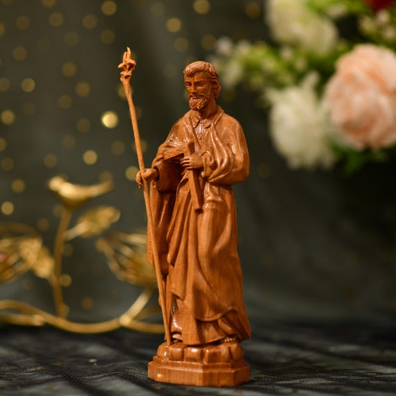 Saint Joseph with Staff Religious Statues Wooden Religious Gifts Housewarming Gift New Home Gift Vintage Handmade Home Decor Catholic Icons