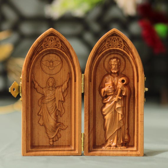 Resurrection of Jesus and Saint Peter Wooden Diptych Catholic Christian Gift Risen Christ Wood Art Apostles Decor Religious Home Altar Art