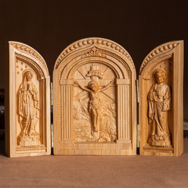 Wooden Catholic Triptych Religious Gifts Wooden Catholic Home Altar Jesus Christ triptych Catholic Religious Holy Trinity Christmas Gifts