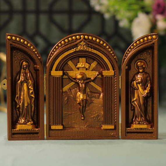 Wooden Catholic Triptych Vintage Style Religious Gifts Wooden Catholic Home Altar Jesus Christ triptych Catholic Religious Holy Trinity
