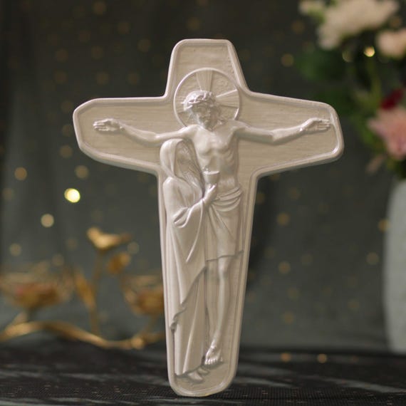 Catholic Crucifix Wall Art Pearl White Finish | Christian Wooden Cross | Jesus & Mary Religious Gift | Christian Art Gifts