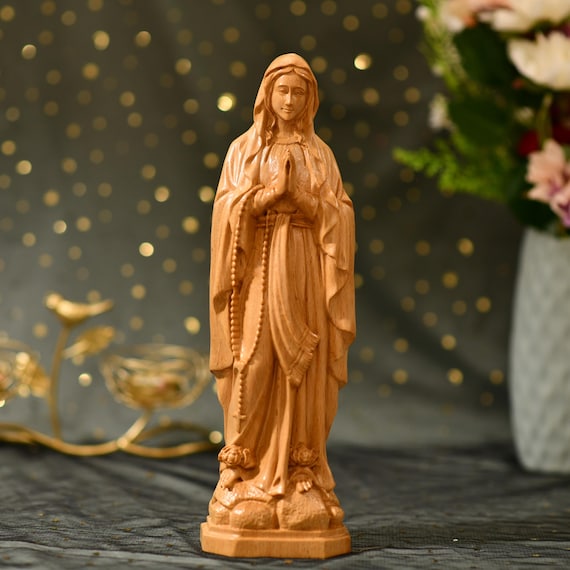 Our Lady of Lourdes Wooden Statue Catholic Virgin Mary Figurine Hand Carved Religious Gift Blessed Mother Shrine Decor Christian Art