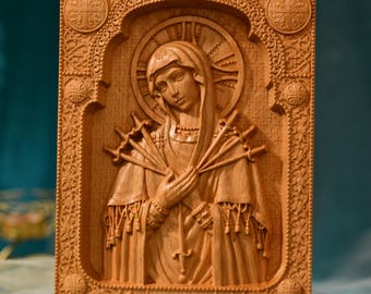 Our Lady of Sorrows Wall Art Religious Wall Hanging Art work Christian Orthodox Icon Christian Carved Christian Icon Wooden Catholic