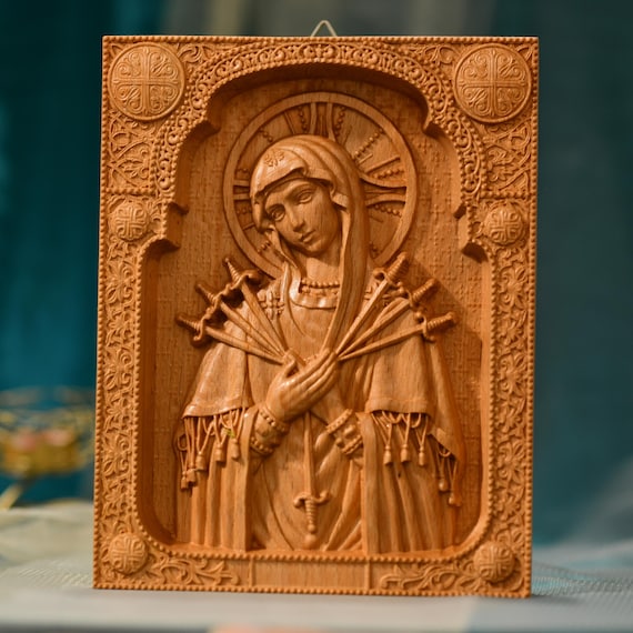 Our Lady of Sorrows Wall Art Religious Wall Hanging Art work Christian Orthodox Icon Christian Carved Christian Icon Wooden Catholic