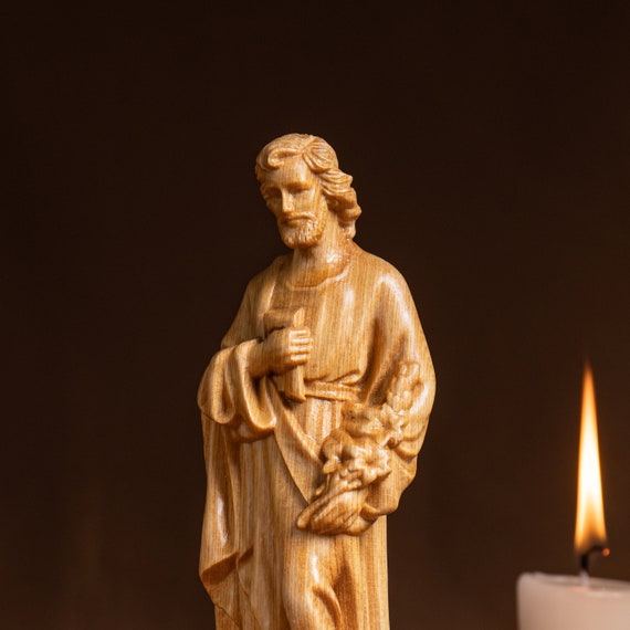 St Joseph Wooden Statue Hand Carved Catholic Gift for Husband Dad Christian Art Patron Saint of Workers Holy Family Spiritual Home Decor