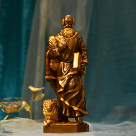 St. Mark the Evangelist Vintage Style Statue Apostle Statue Saint Marcus Wood Carving Handmade Home Decor Crafts Gifts Farmhouse Decor
