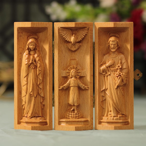 Infant Jesus Triptych Catholic Wood Art Holy Family and Holy Spirit Religious Gift Wooden Panel Jesus Mary Joseph Christian Home Decor