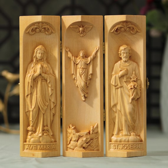 Resurrection of Jesus Christ, Our Lady, St. Joseph Catholic Triptych Prayer Altar Wooden Religious Gifts Christmas Decor Christmas Gifts