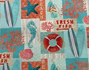 Cotton Woven Fabric: Beach, Surfboards, Starfish