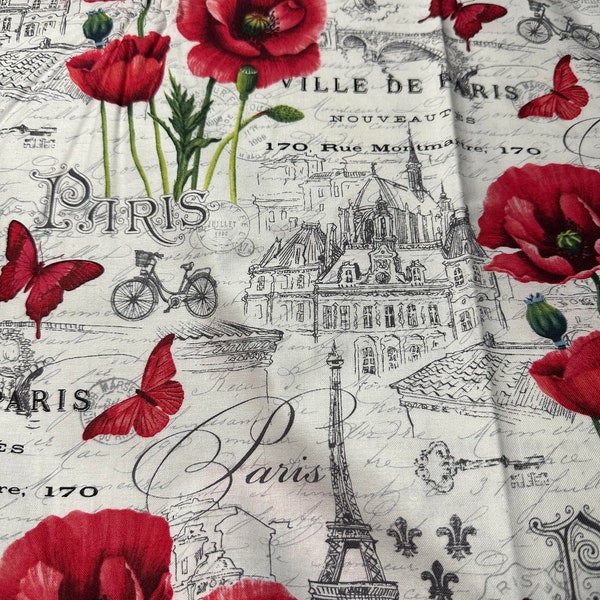 Ooh La-La cotton fabric, red poppies, French words, Eiffel Tower, red butterfly, Paris, cream background, sewing clothes, bags, sold by yard